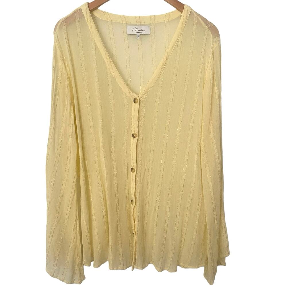 SUMMER CLEARANCE! L’Academie Butter Yellow Sheer Metallic Blouse Flare Sleeve L